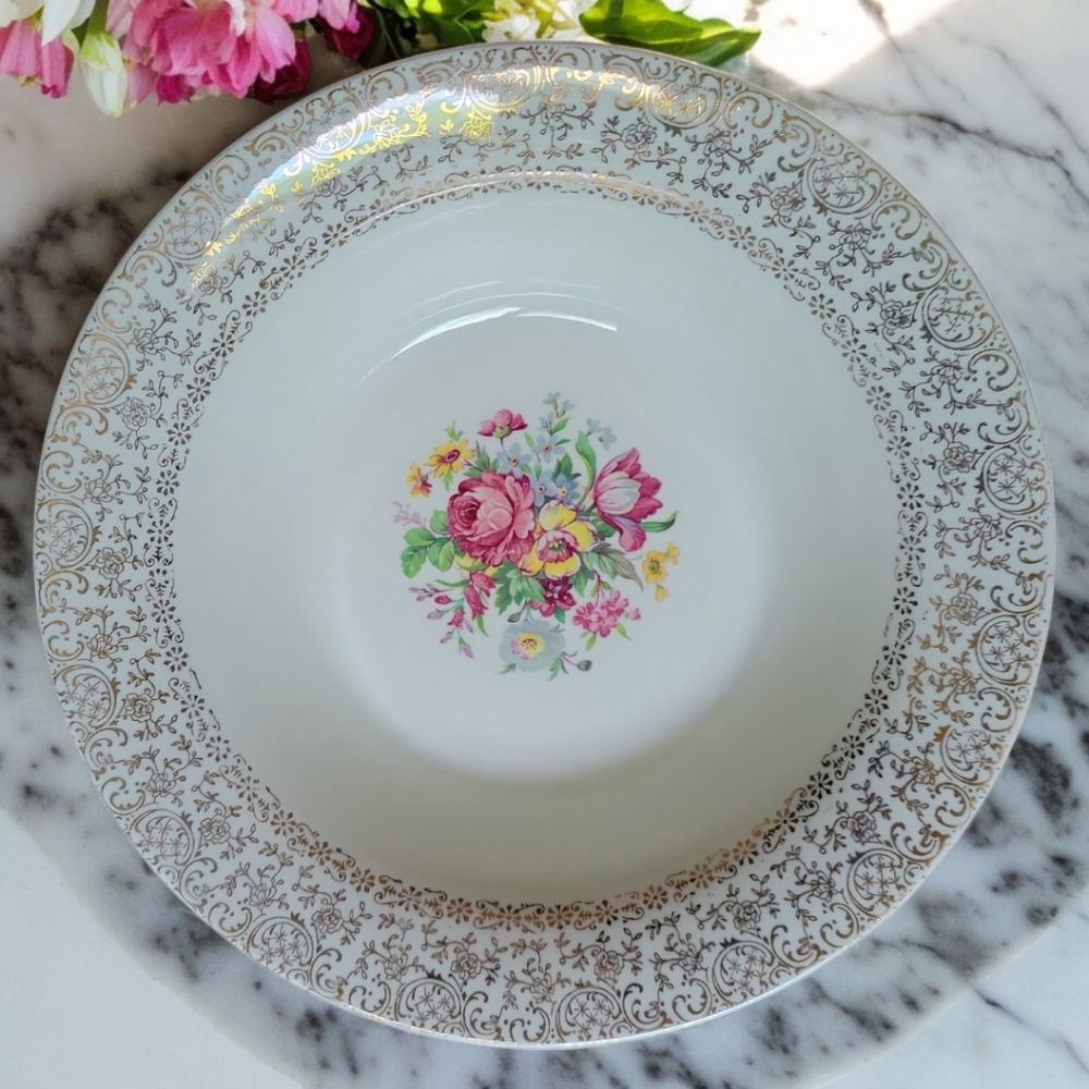 Vtg Vegetable Bowl Cronin Everbrite China USA 22K Filigree Rim Rose Design CO126